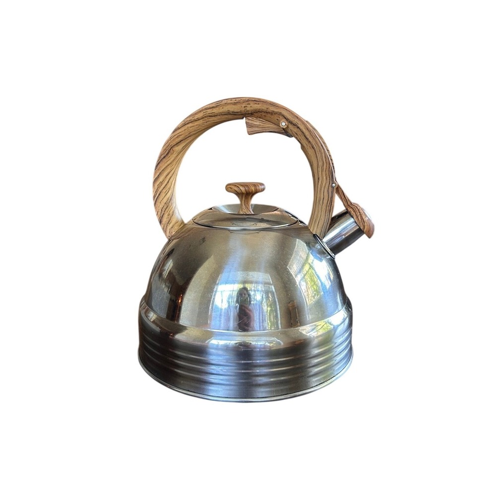 Well Equipped Kitchen Stainless Steel Whistling Tea Kettle Wood Grain Handle